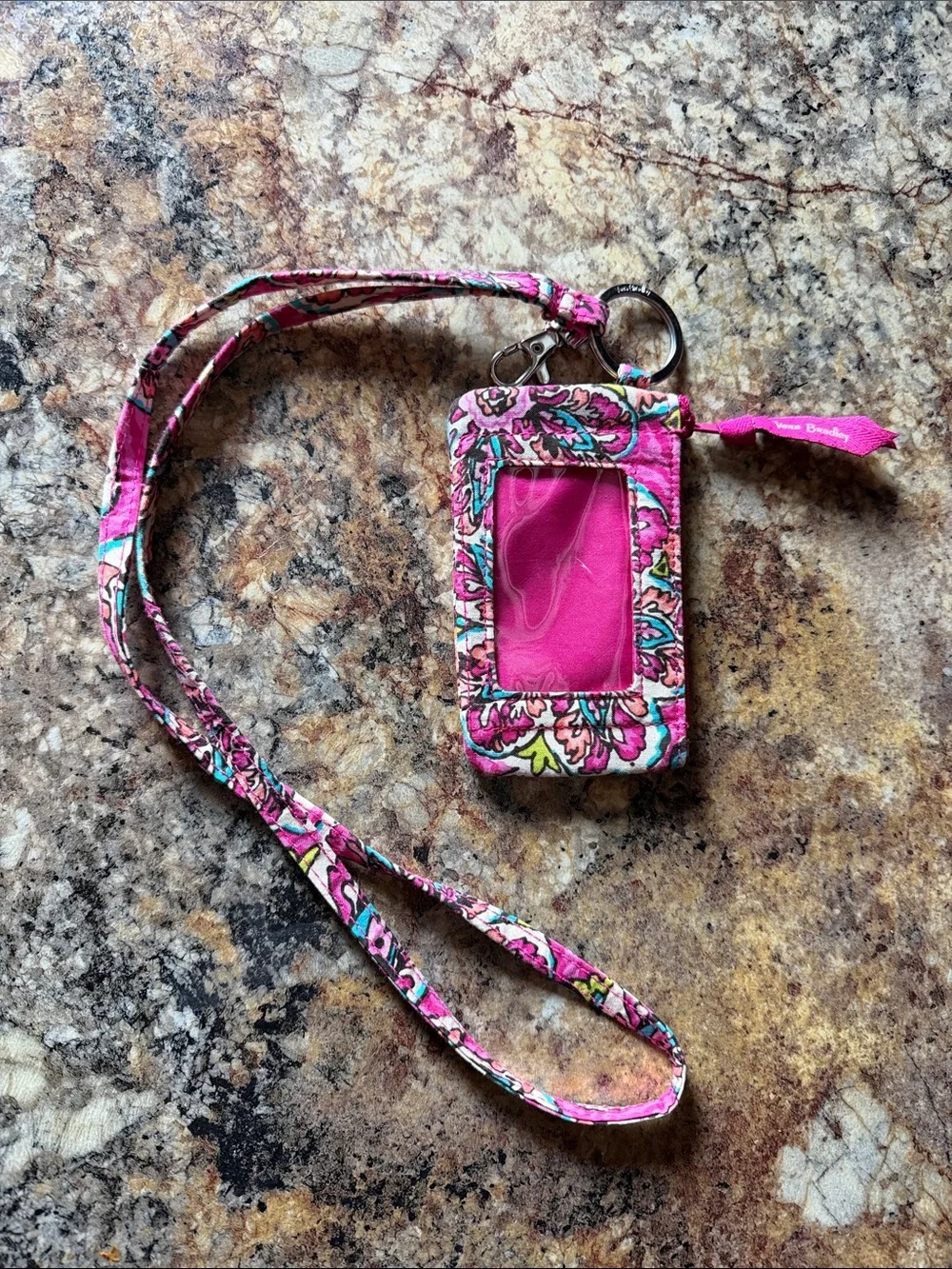 Vera Bradley Pink Floral Lanyard ID Holder with Key Ring